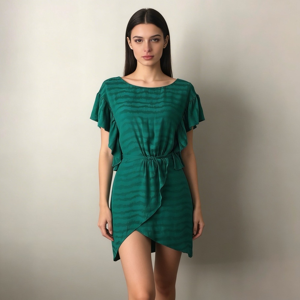 SAYLOR | Green Striped Tulip Hem Ruffle Sleeve Dress Sz S